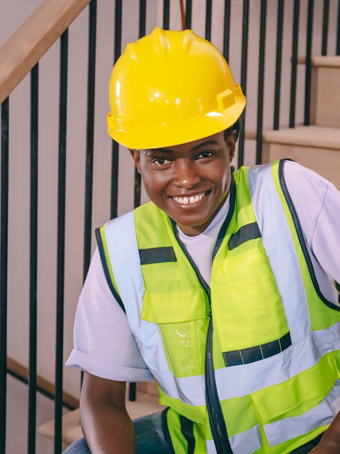 Confident construction worker wearing a hardhat and reflective vest while seated indoors.